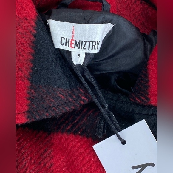 Love Chemiztry Coat Buffalo Plaid Red Black Moto Flannel Fleece Jacket Lined S L - Picture 12 of 12